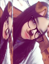 two pictures of a girl with glasses and a dog nose