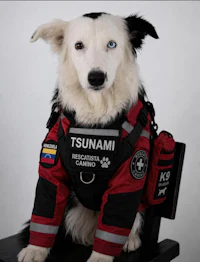 a dog wearing a uniform sitting on a chair
