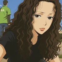 a girl with long curly hair is standing next to a man