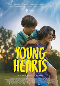 a poster for young hearts with two boys hugging each other
